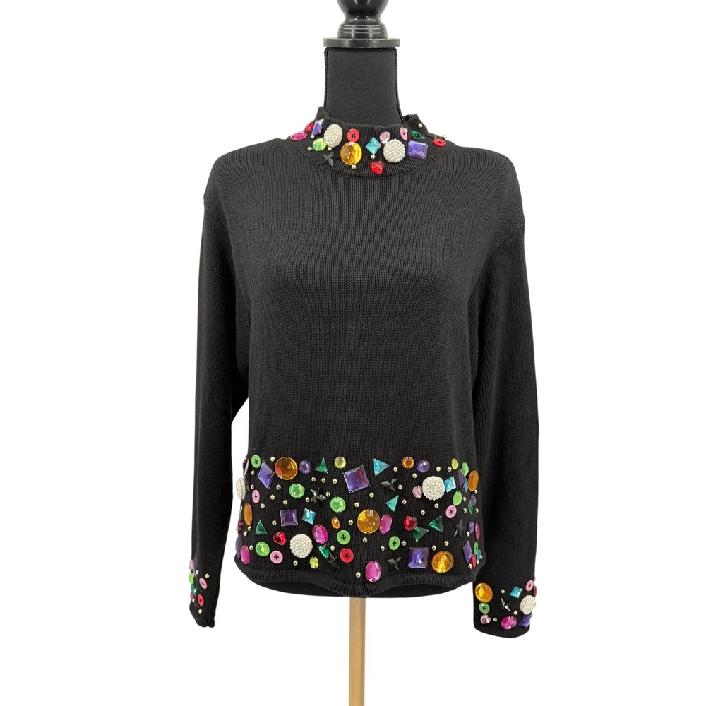 Lisa Nichols Black Rhinestone Embellished Mock Neck‎ Knit Sweater P L